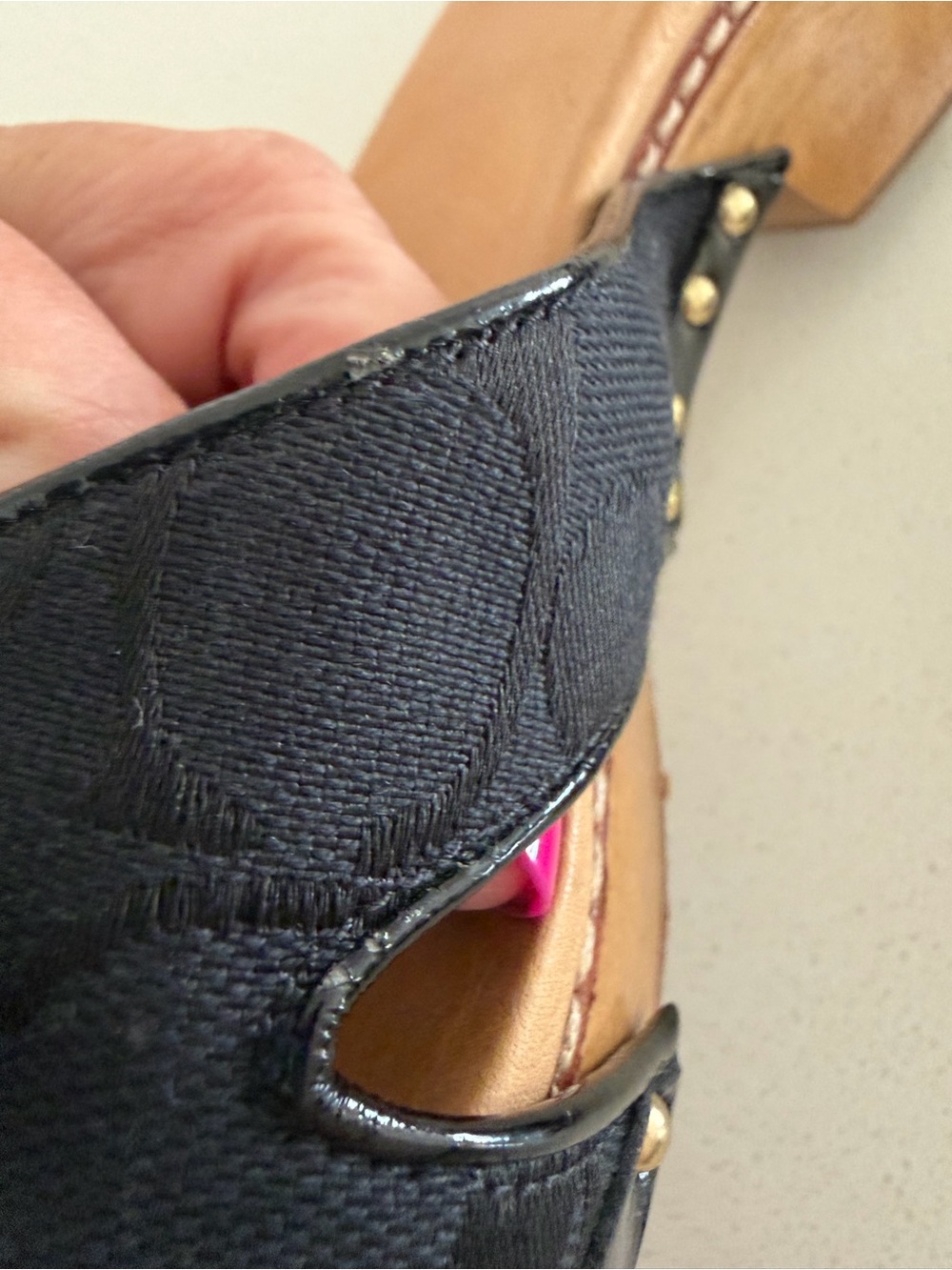 Coach Lee Black logo embossed Leather & Canvas Slide Mules w/ Gold Coach Button - Picture 6 of 6